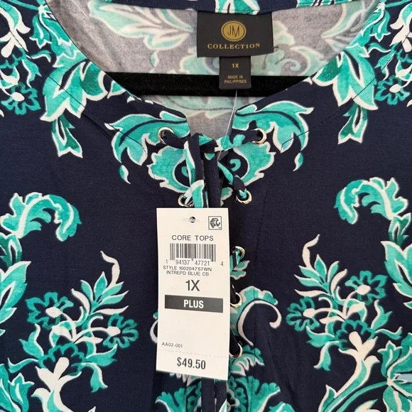 JM Collection 3/4 Sleeve Paisley Turquoise Lace-Up Tunic Top 1X – NWT - Picture 11 of 13